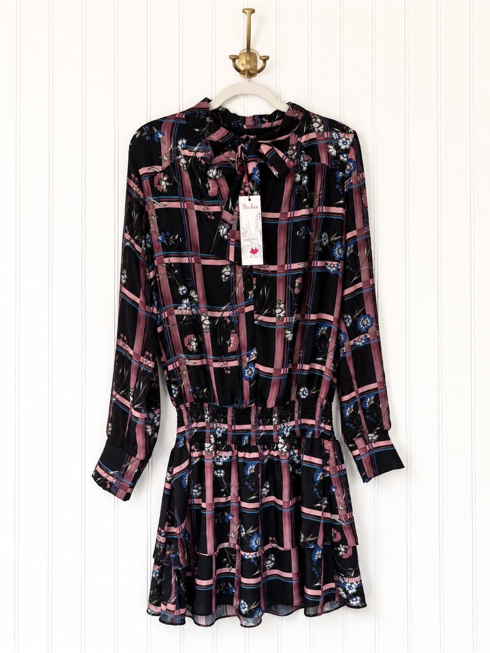 Parker Painterly Floral Plaid Tie Neck Smocked Mini Dress – Size L – NWT